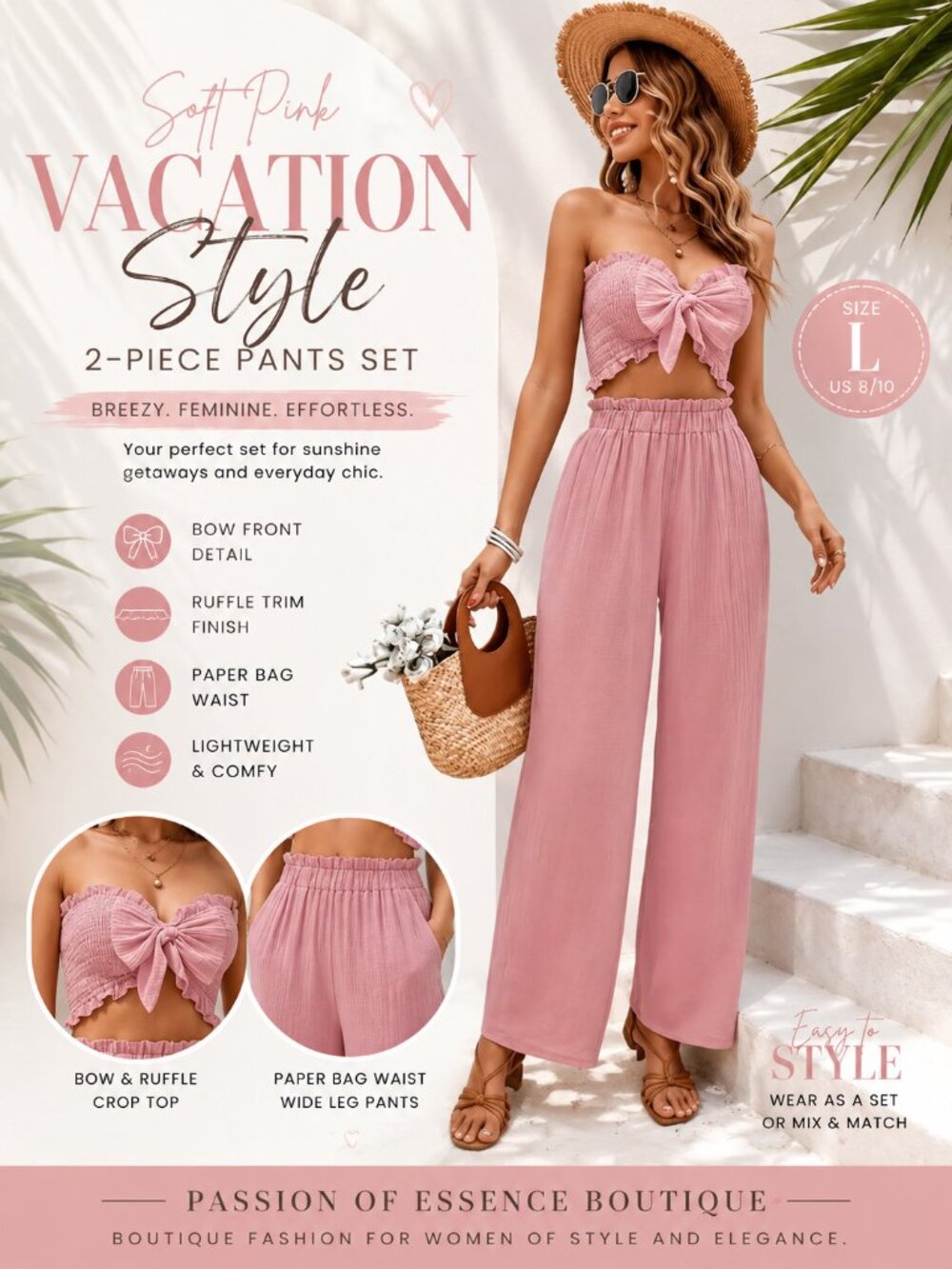 Soft Pink Boho Vacation Two-Piece Set – Bow Bandeau Crop Top & Wide-Leg Pants-L